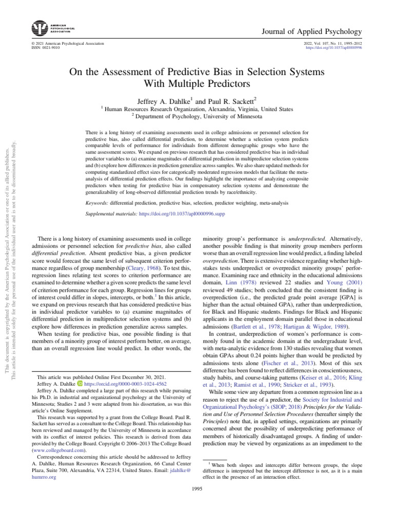 On The Assessment of Predictive Bias in Selection Systems With Multiple ...
