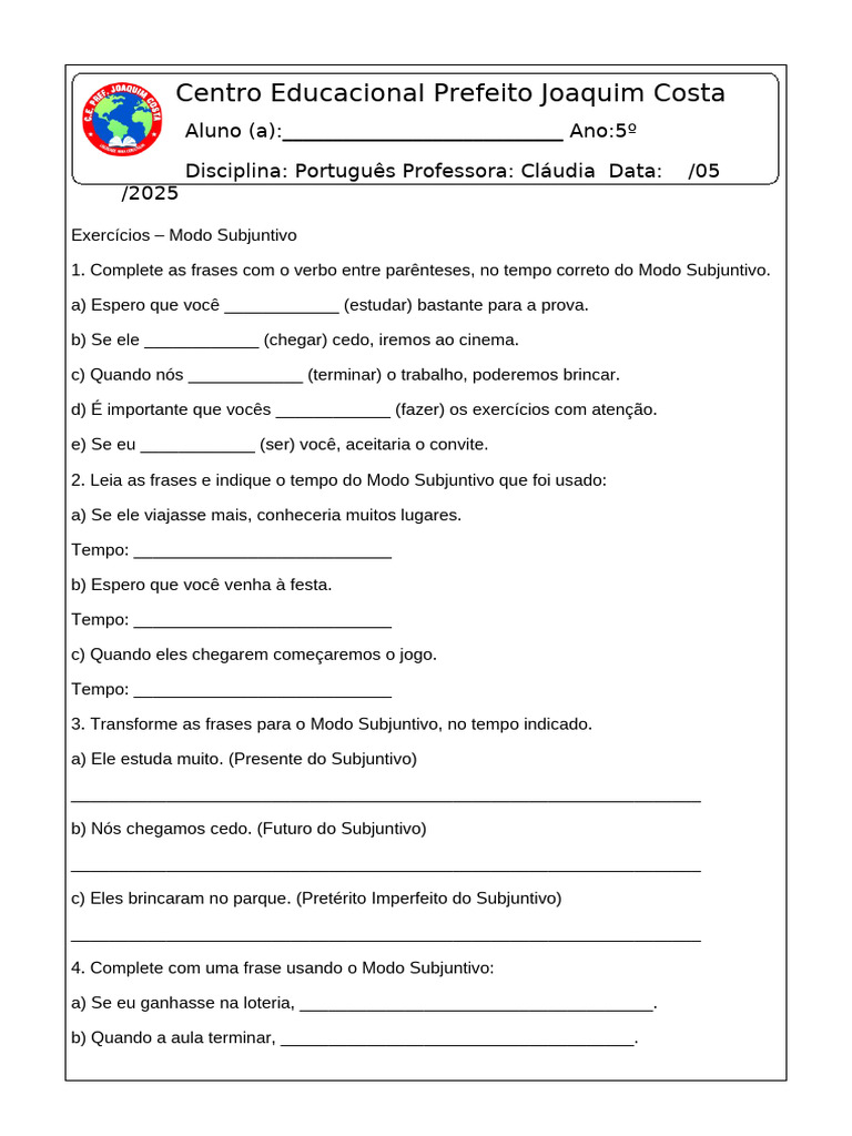 Exercícios de Modo Subjuntivo 5º Ano | PDF
