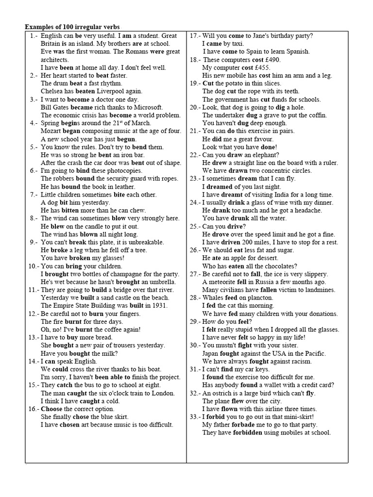 100 Examples of Irregular Verbs | PDF
