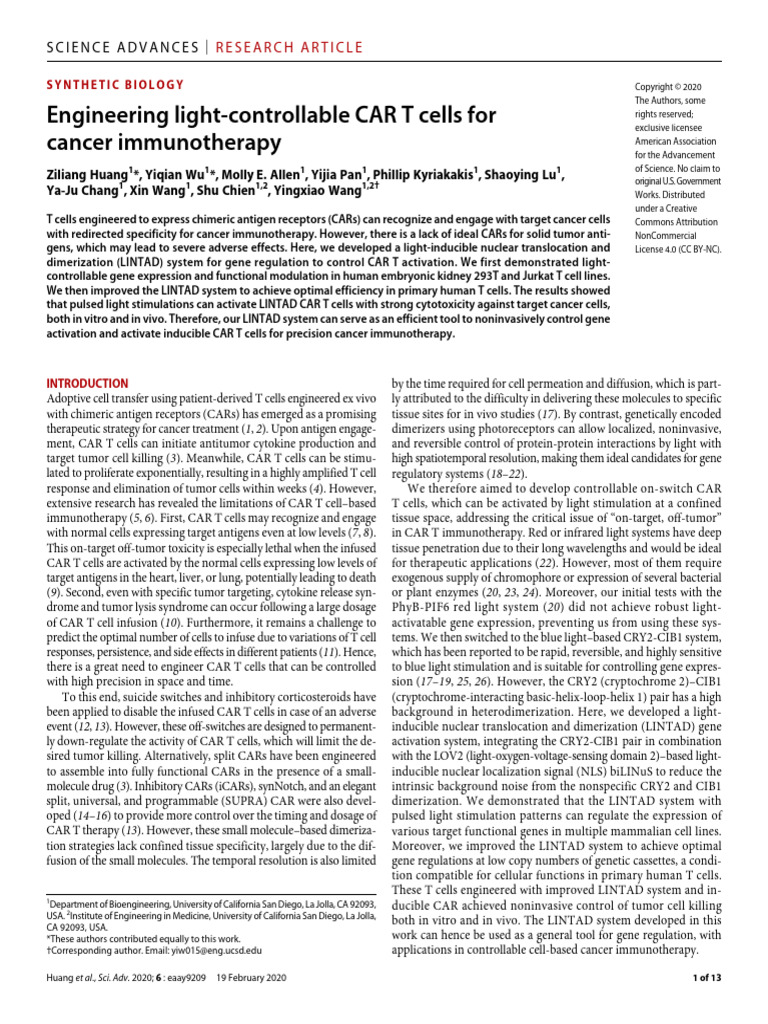 Engineering Light-Controllable CAR T Cells For Cancer Immunotherapy ...