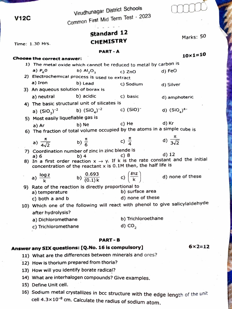 12th Chemistry Em 1st Mid Term Exam 2023 Original Question Paper