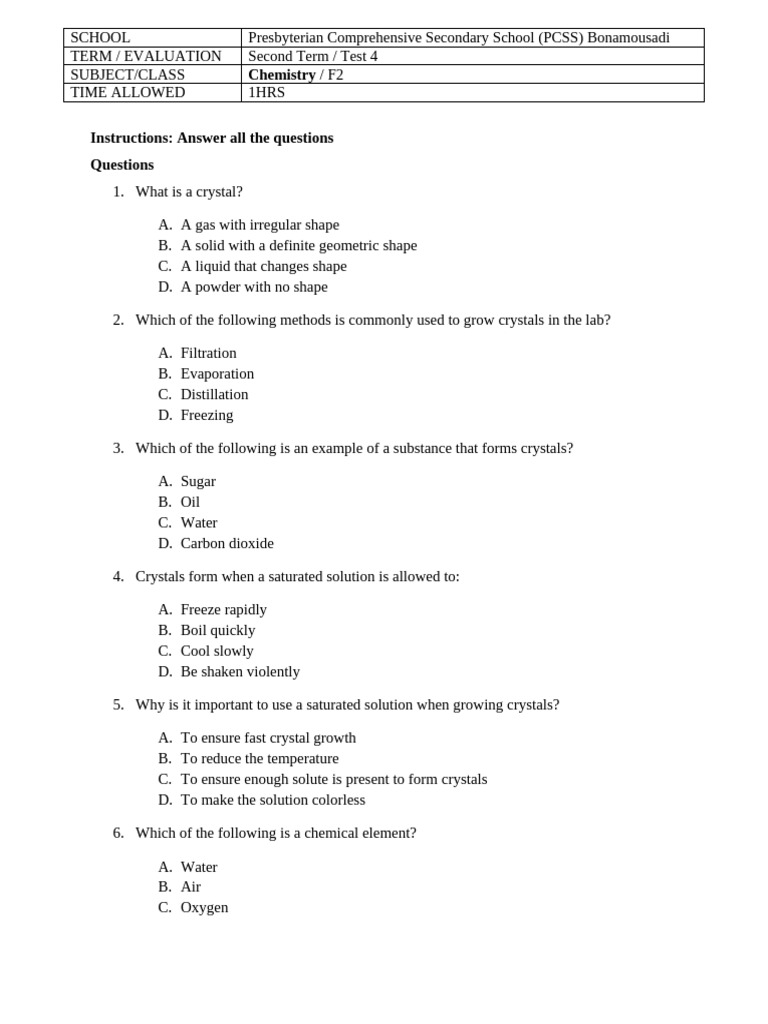 Chem Form 2 Test 5 - Everdine Nchang | PDF | Solubility | Rust