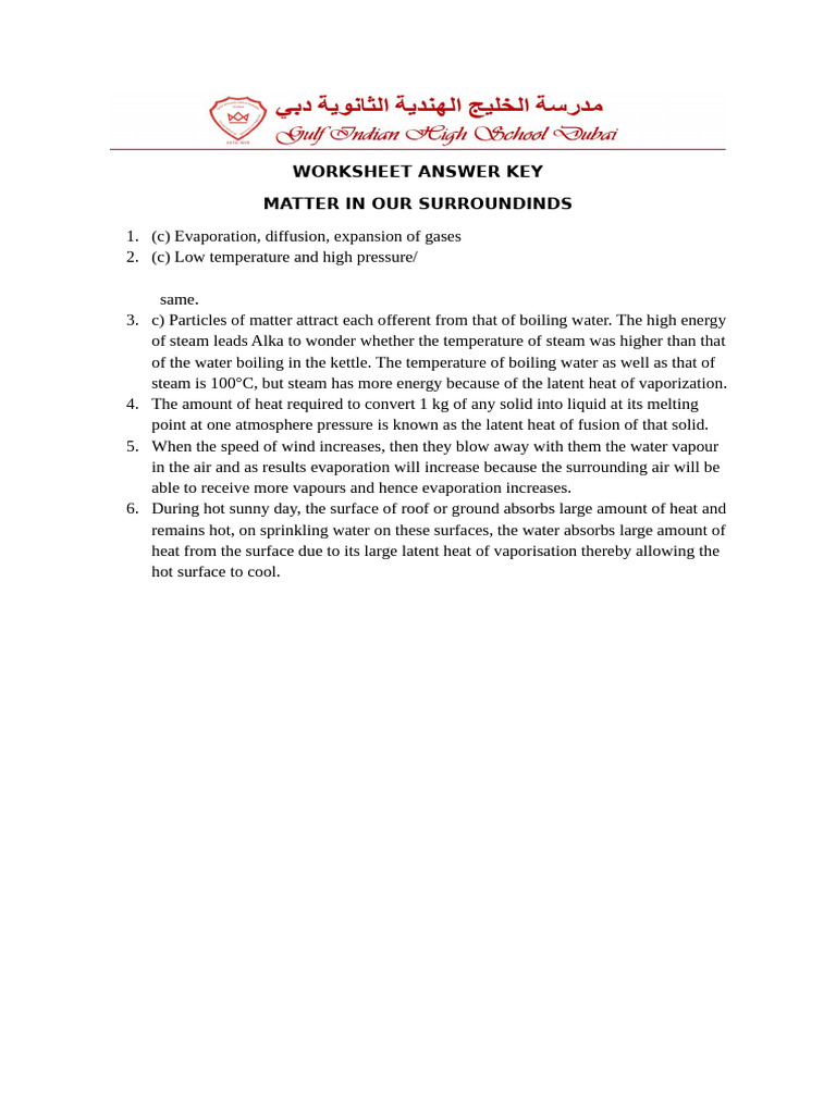 Chemistry Worksheet Answer Key - Matter in Our Surroundings | PDF