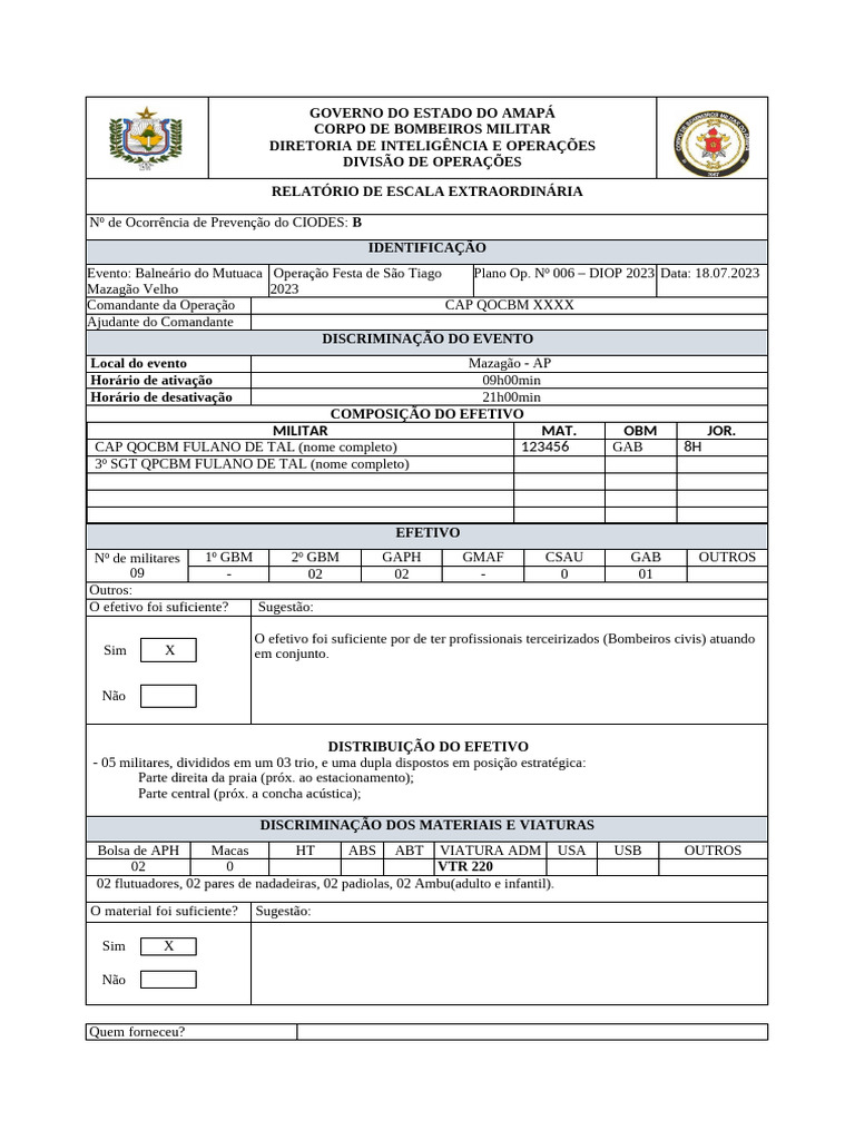 Relatório de Operação Nome - (Modelo Diop) | PDF
