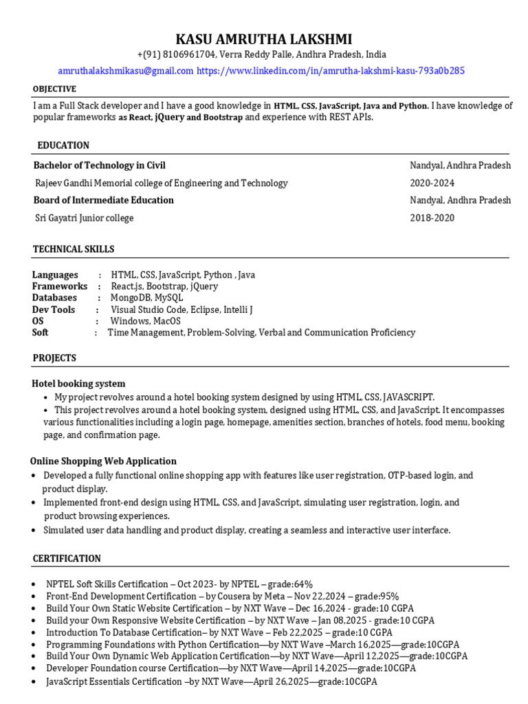 Full Stack Developer Resume Summary | PDF | Java Script | J Query