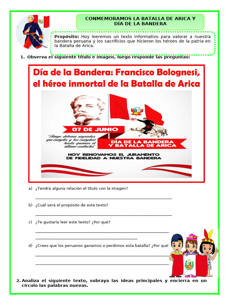 Ficha Mart Com Conmemoramos La Batalla De Arica Y Día De La Bandera Pdf 