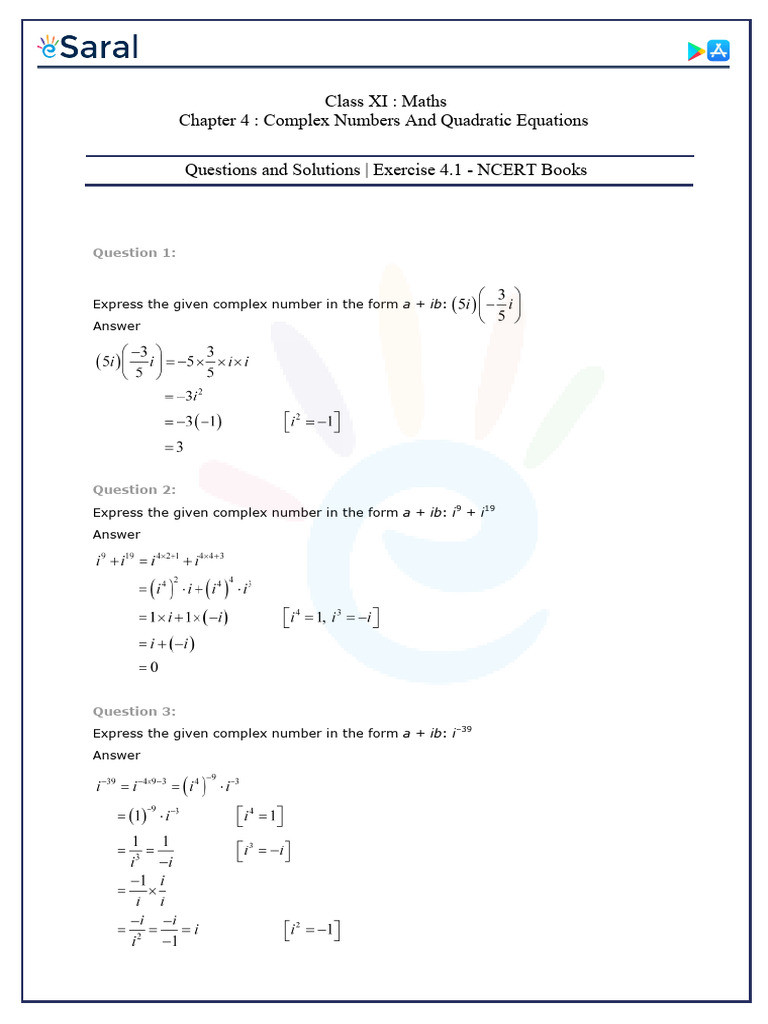 Class 11 Maths: Complex Numbers Exercise | PDF | Mathematical Objects ...