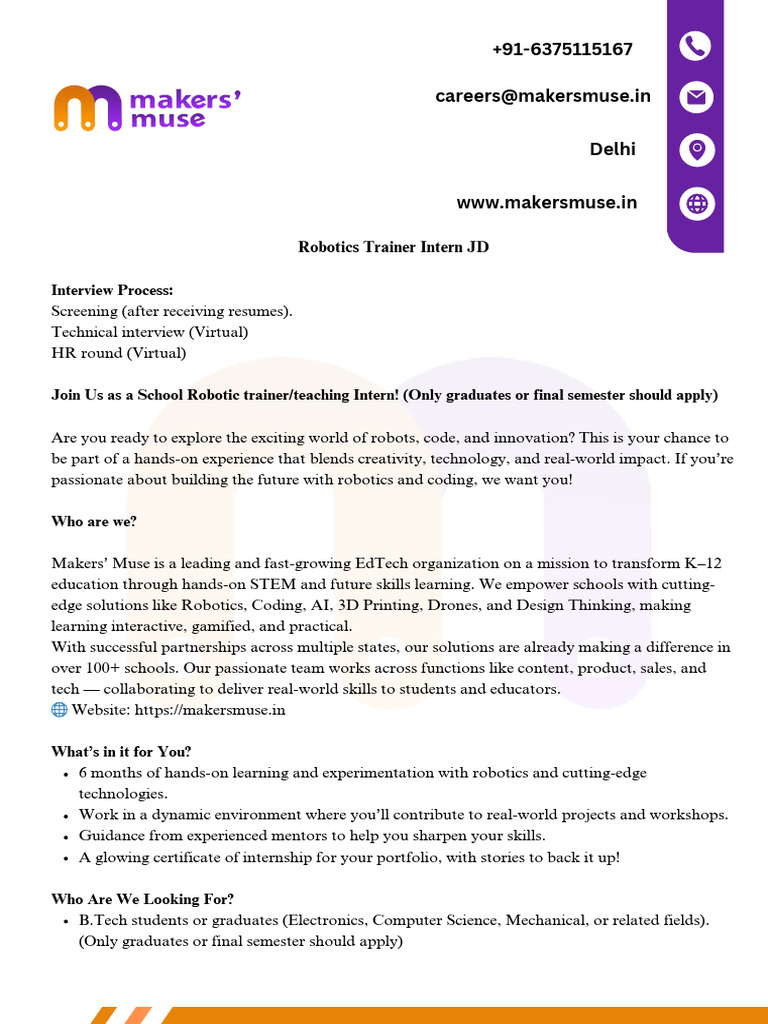 Robotics Trainer Intern in Navi Mumbai | PDF | Robotics | Educational ...