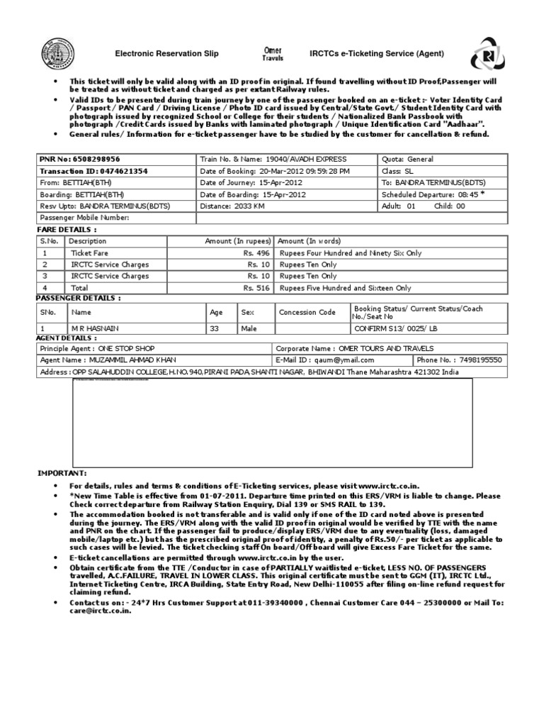 IRCTC E-Ticket Reservation Details | PDF