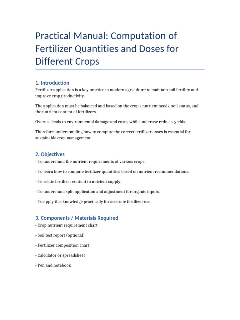 Fertilizer Calculation Guide for Crops | PDF | Fertilizer | Soil