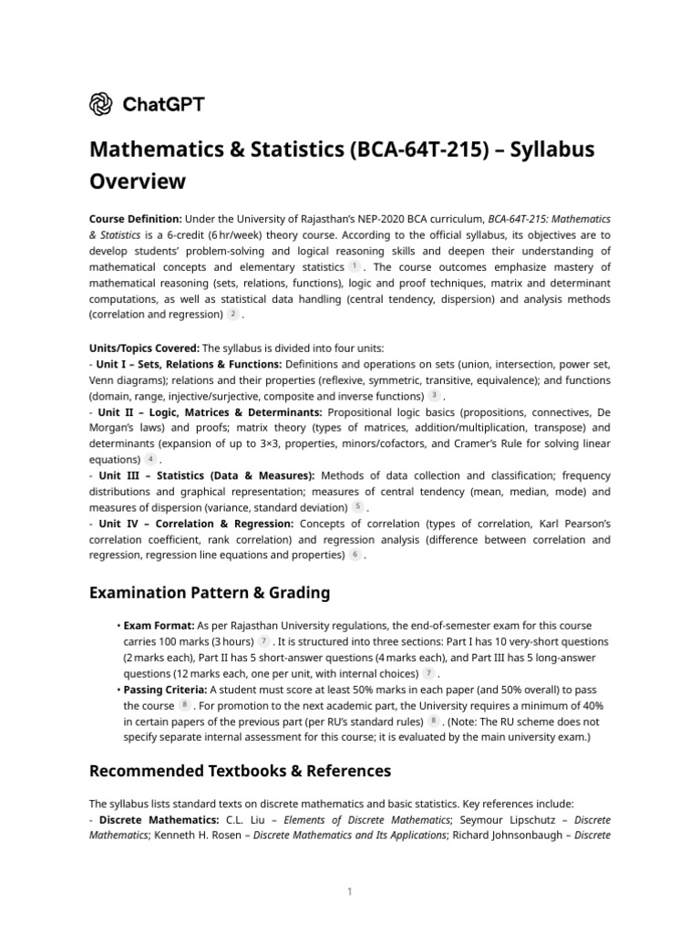 BCA Mathematics & Statistics Syllabus | PDF | Matrix (Mathematics ...