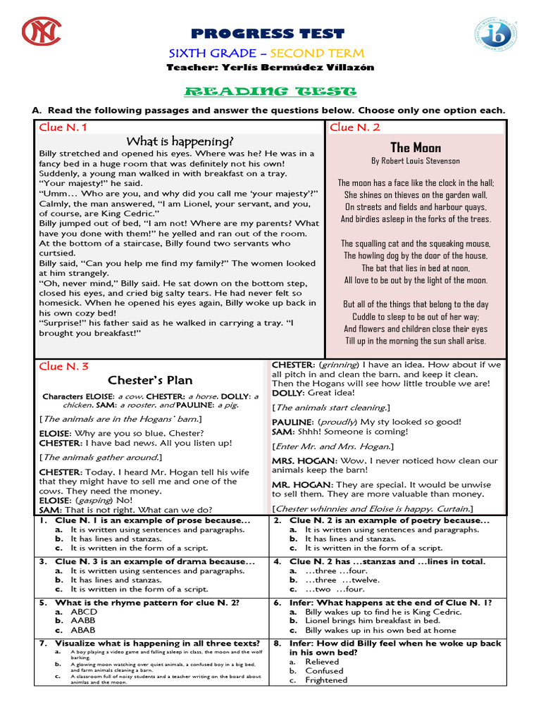 Progress Test - First Term - Reading | PDF