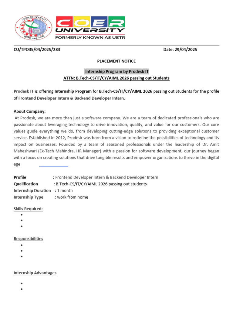Prodesk IT Internship for B.Tech 2026 | PDF | Business