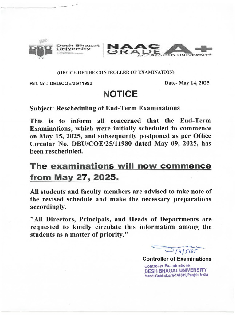 Notice To Reschdeuled ETE May 25 PDF — free download