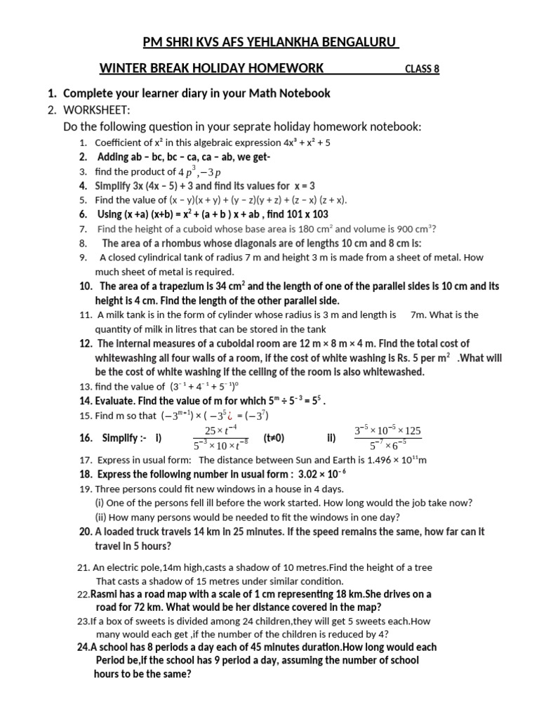 Class 8 Winter Break Math Homework | PDF | Area