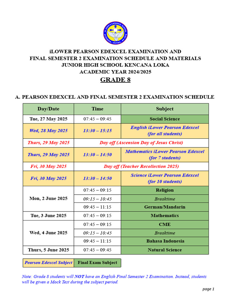 Grade 8 Edexcel Exam Schedule 2025 | PDF | Student Assessment And ...