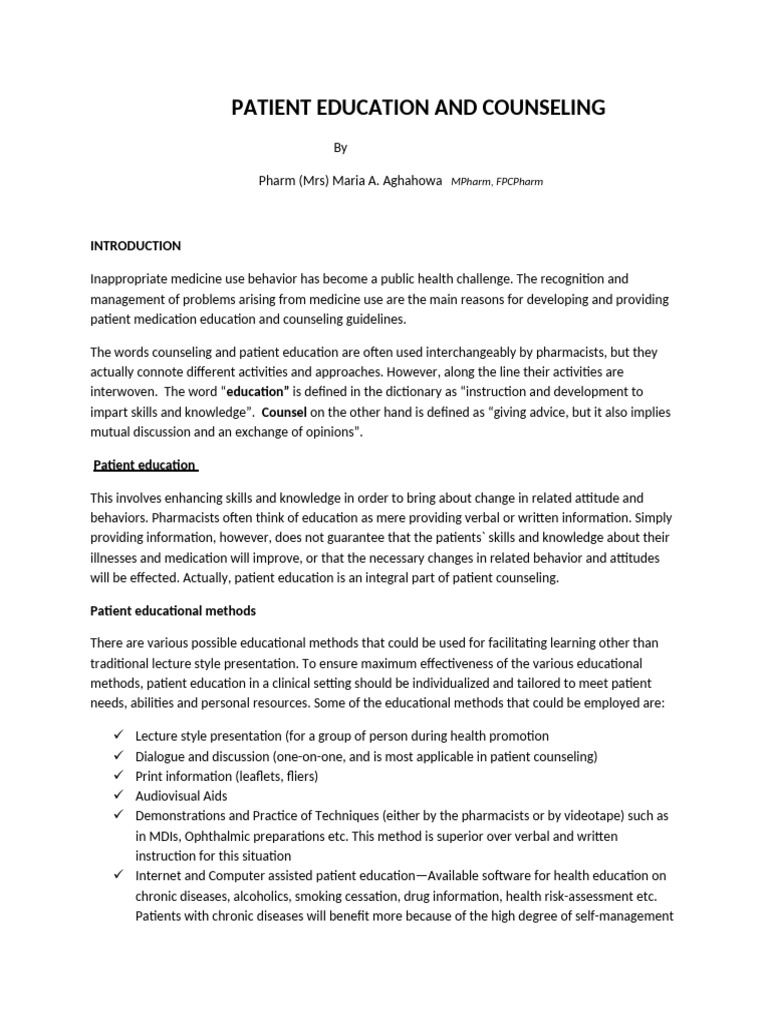Patient Education And Counseling Overview PDF Pharmacy Psychotherapy