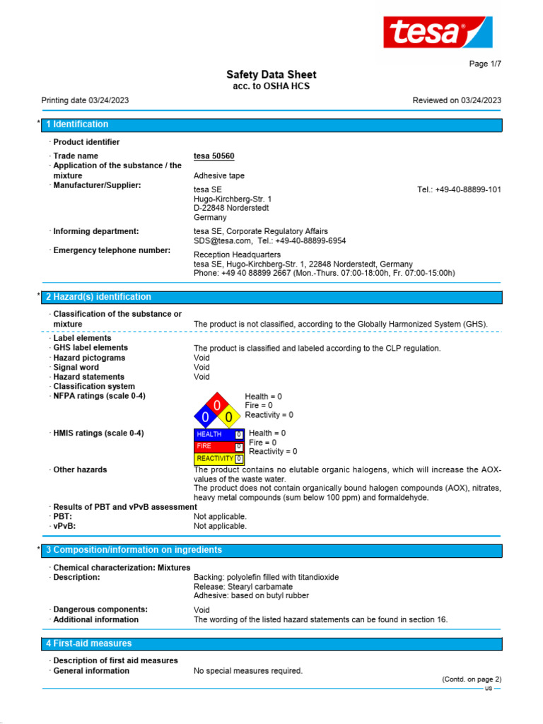 tesa 50560 Safety Data Sheet Summary | PDF | Dangerous Goods | Working ...