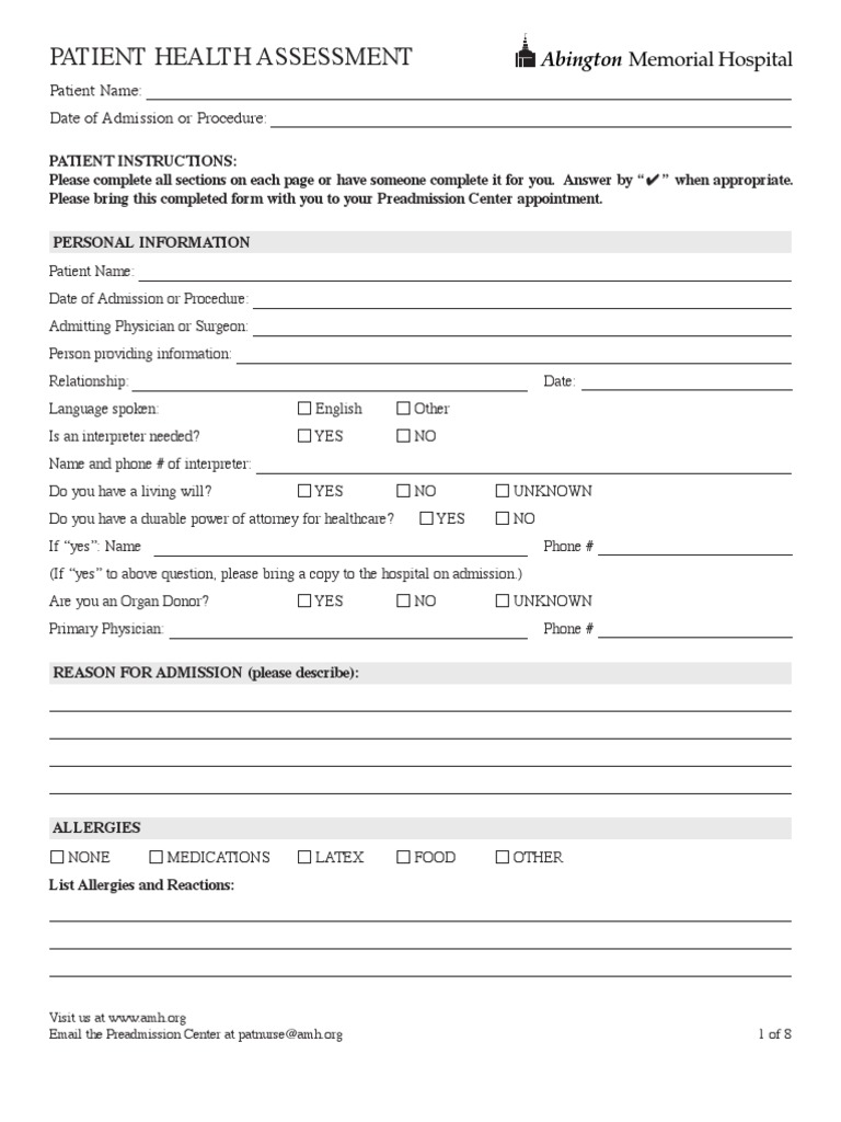 Health Assessment Form PDF Nursing Home Care Patient