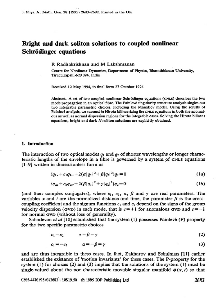 Bright and Dark Soliton Solutions To Coupled Nonli | PDF | Dispersion ...