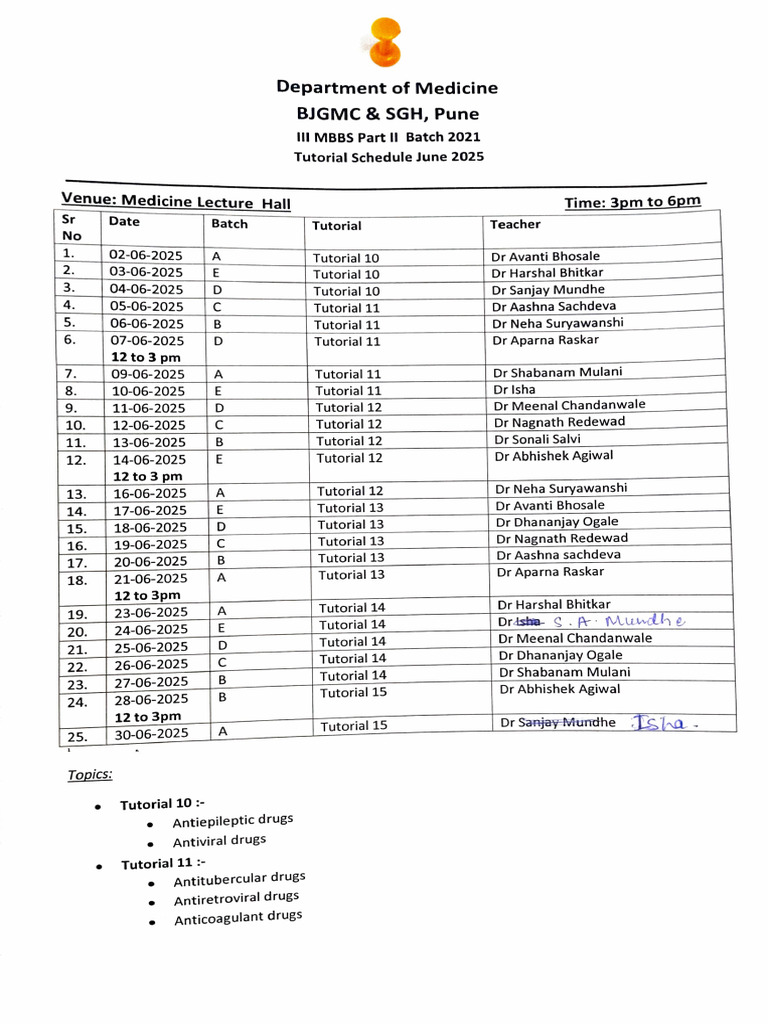 Medicine Tutorial Timetable For June | PDF