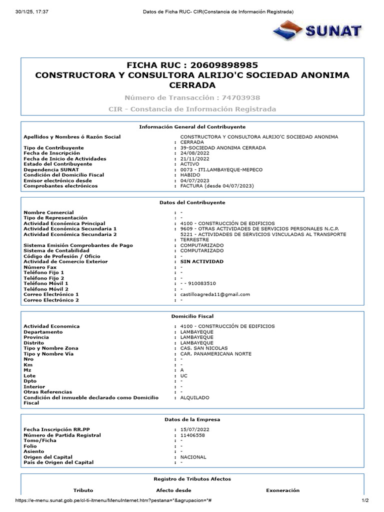RUC 20609898985: Constructora Alrijo'c | PDF