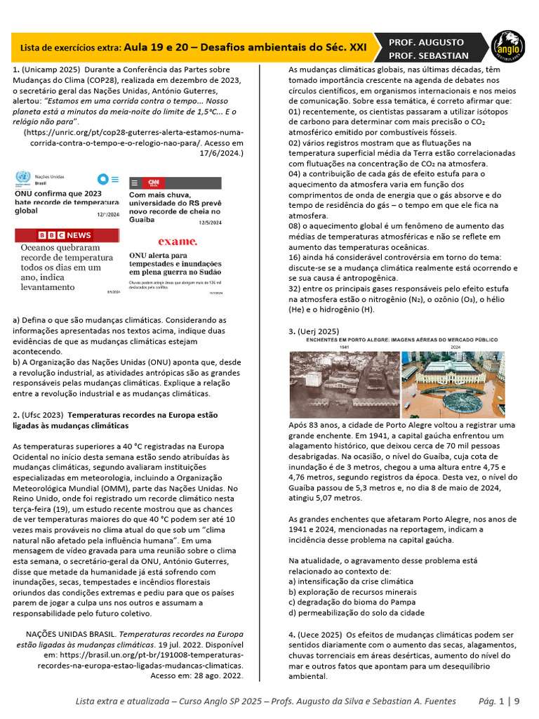 (Lista Extra) Aula 19 e 20 - Desafios Ambientais Do Sec XXI - (Anglo ...