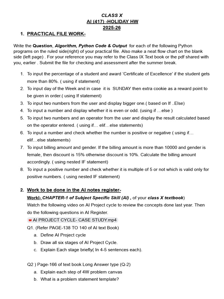 AI Holiday Homework for Class X | PDF | Software Engineering | Computer ...