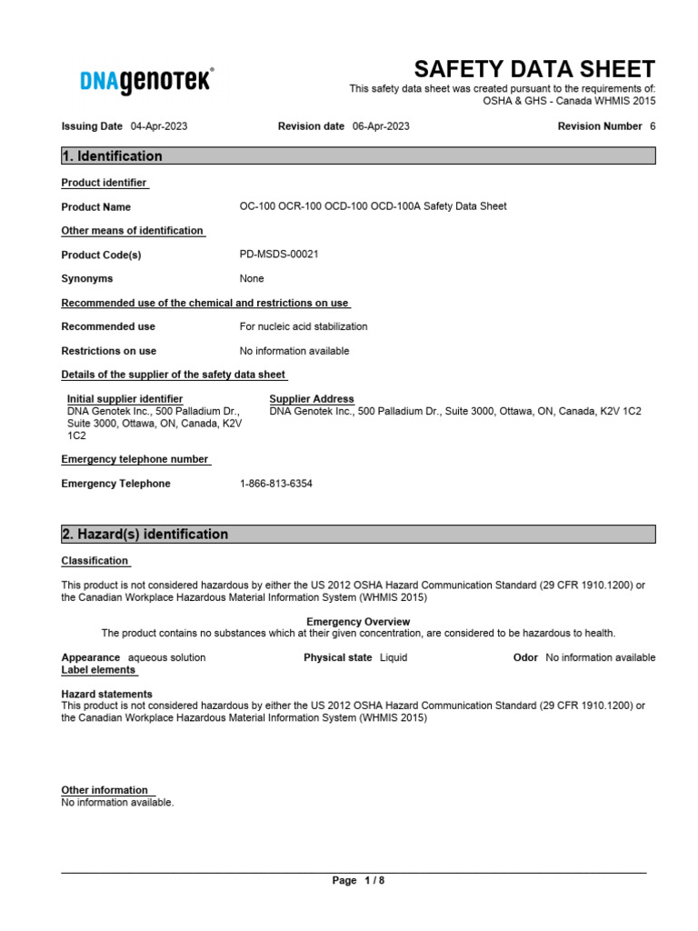 Safety Data Sheet Swabs Pd-msds-00021 | PDF | Superfund | Toxicity