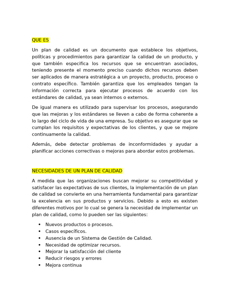 Plan de Calidad: Guía y Beneficios | PDF | Calidad (comercial ...