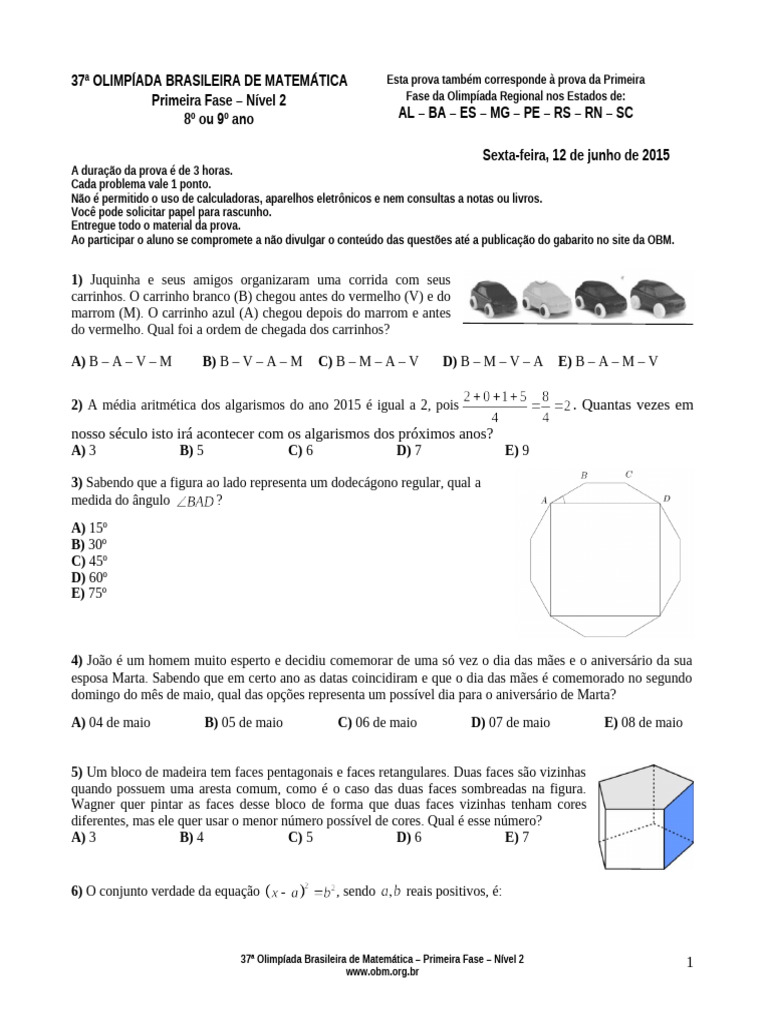 Prova da 37ª Olimpíada Brasileira de Matemática | PDF | Triângulo ...