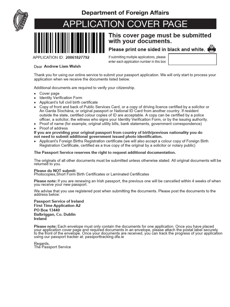Irish Passport Application Cover Page | PDF | Identity Document | Birth ...
