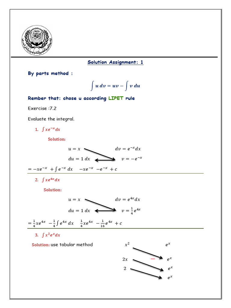 Integral Solutions Using Parts Method | PDF