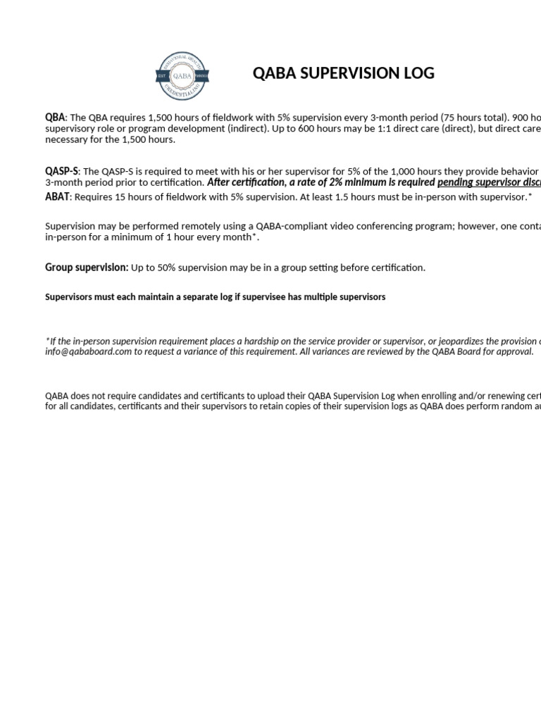 QABA Supervision Log Guidelines | PDF
