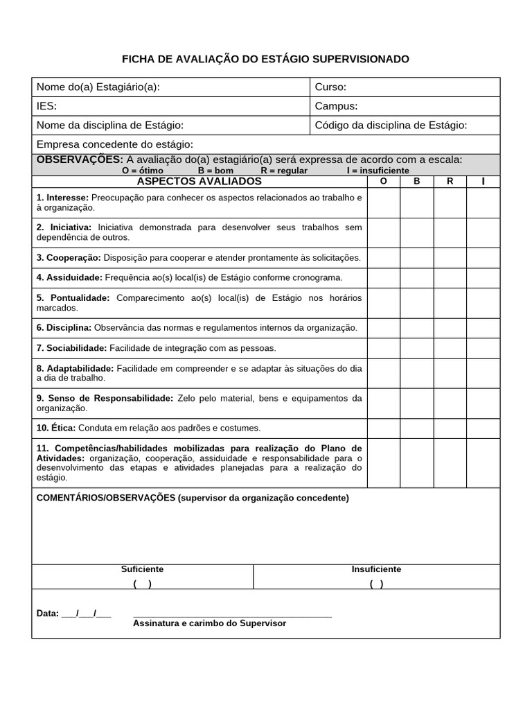 Avaliação de Estágio Supervisionado | PDF