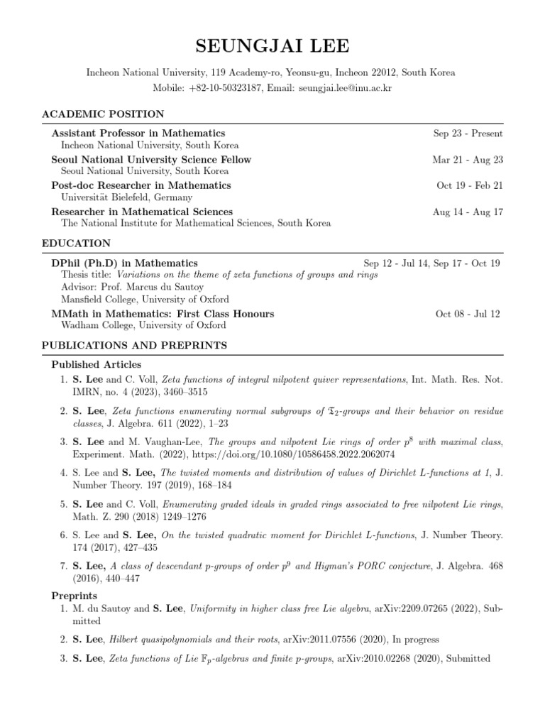 Seungjae Lee: Mathematics Profile | PDF | Mathematics | Group Theory