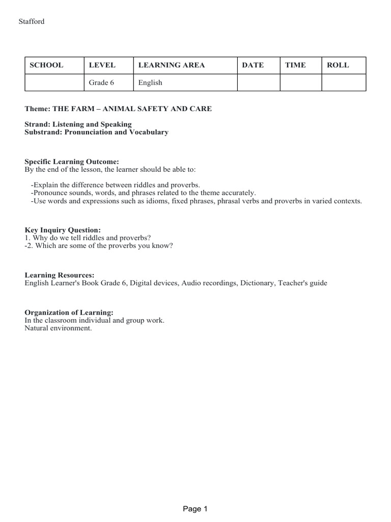 Grade 6 English Lesson Plans: Riddles, Reading, Voice | PDF | Learning ...
