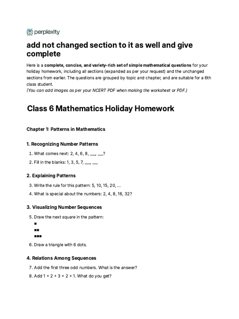 Class 6 Math Holiday Homework Guide | PDF | Odds | Plants