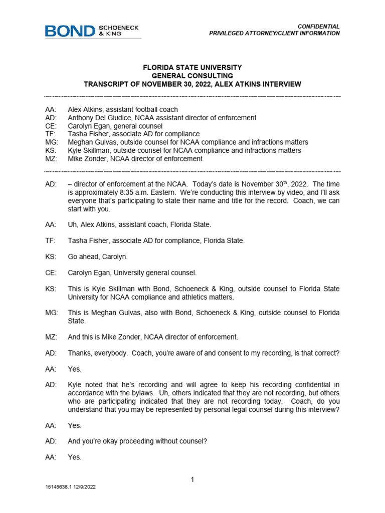 FSU Football Interview Transcript: Alex Atkins | PDF | National ...