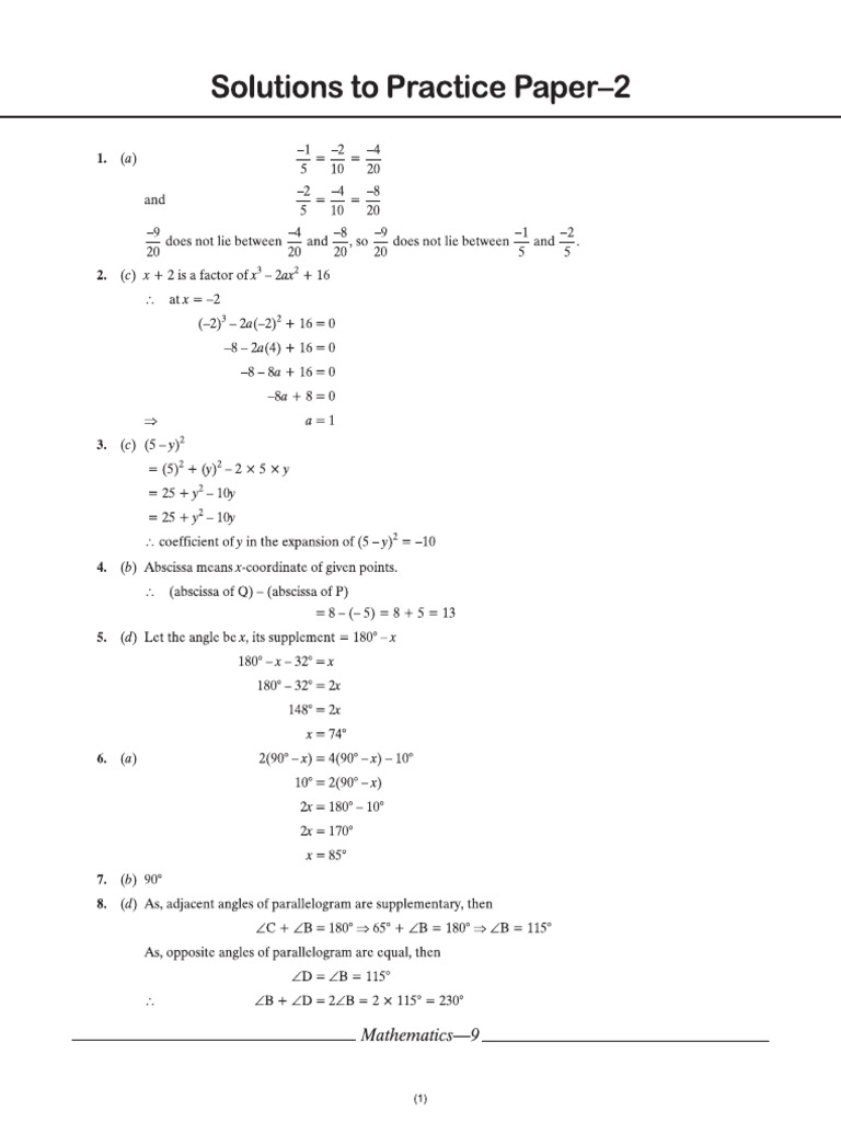 Cbse Cl9 Together Mathematics Solutions To Practice Paper 2 | PDF