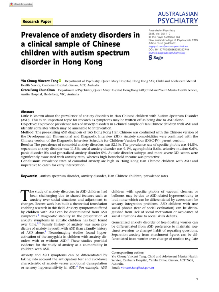 Anxiety Disorders in Chinese ASD Children | PDF | Autism | Mental Disorder