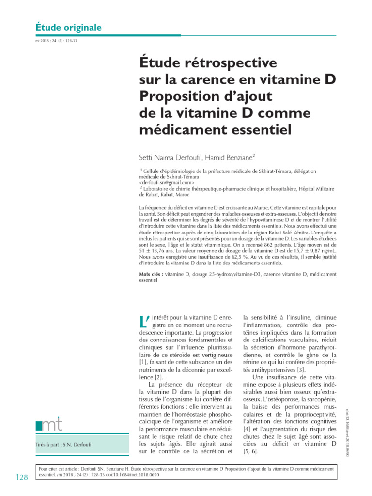 Carence en vitamine D étude au Maroc PDF Vitamine D Vitamine — free download