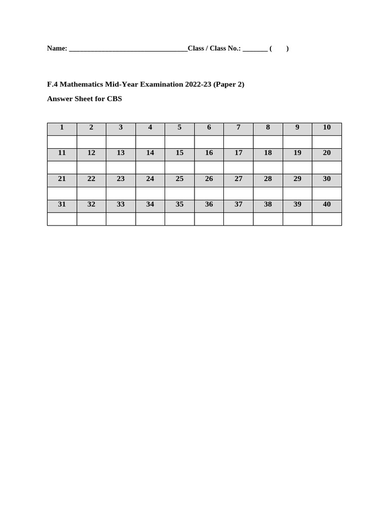 2022-23 F4 MAT Mid-Year Exam Paper 2 (Answer Sheet For CBS) | PDF