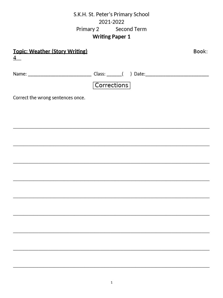 2021-2022 Writing Task P2 Term 1 Writing 1 Weather - Corr Sheet | PDF