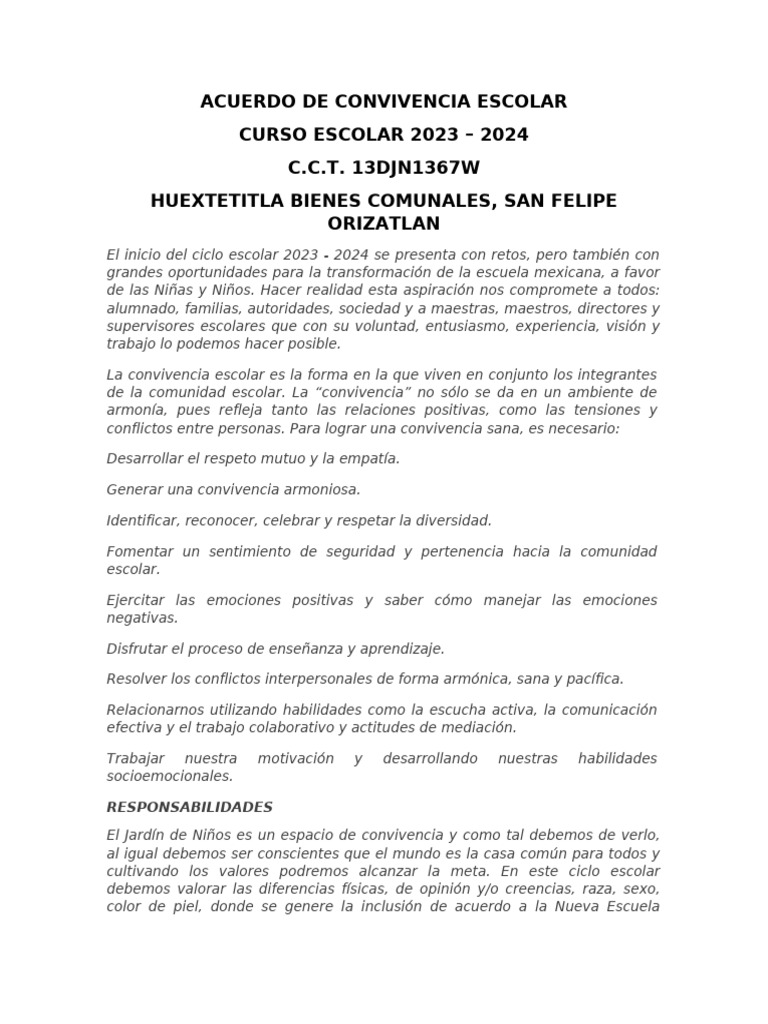 Acuerdo de Convivencia Escolar 2023-2024 | PDF | Escuelas | Aprendizaje