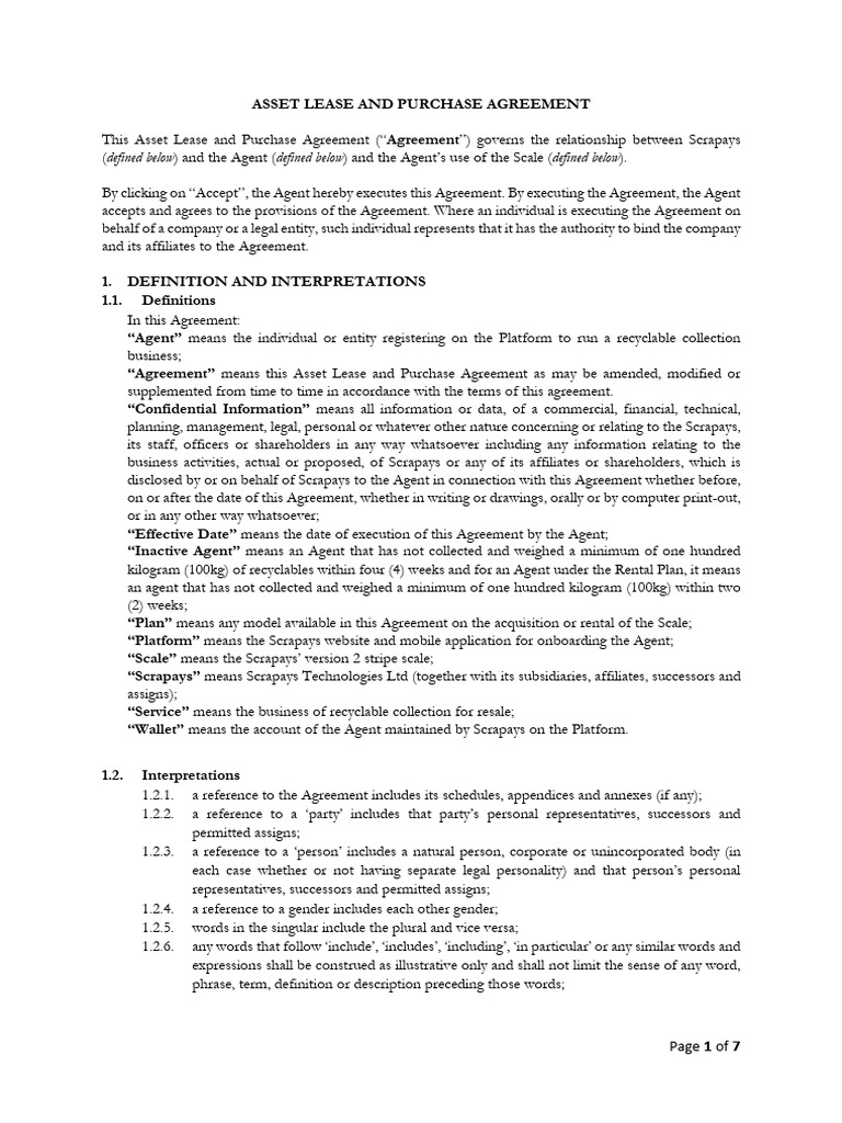 Asset Lease and Purchase Agreement Guide | PDF | Indemnity | Arbitration