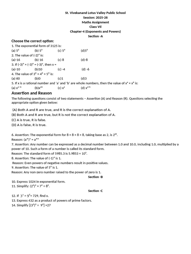 Class VII Maths: Exponents & Powers Assignment | PDF | Exponentiation ...