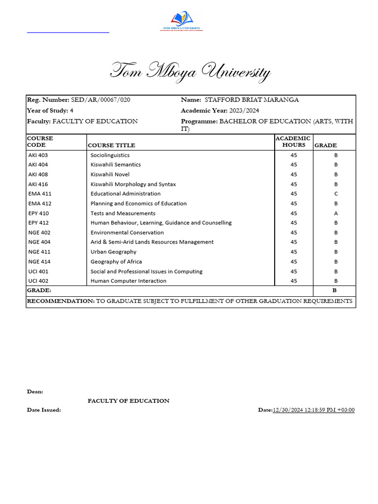 Tom Mboya University Transcript 2023 | PDF