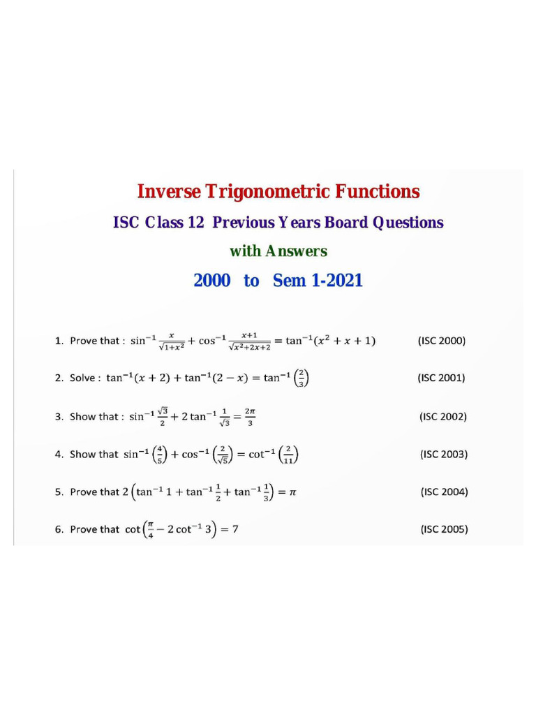 Inverse Trigo Pyqs Isc Boards | PDF