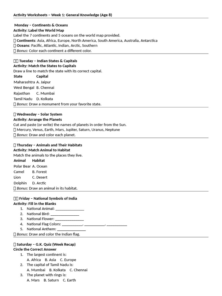 Week 1 General Knowledge Activities for Kids | PDF